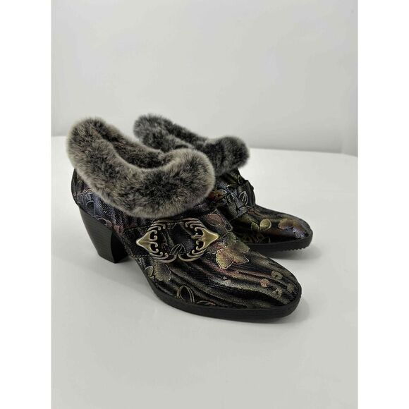 Bogs Miss Muffet Black Floral Faux Fur Block Heel Ankle Booties EU 39 - Picture 1 of 10